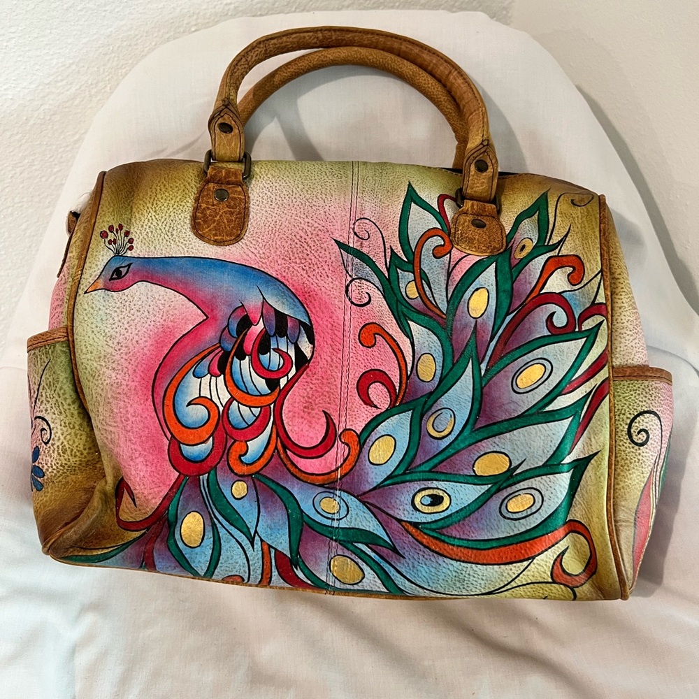 Anuschka‎ Large Zip Around Satchel Colorful Peacock Design Women's Bag